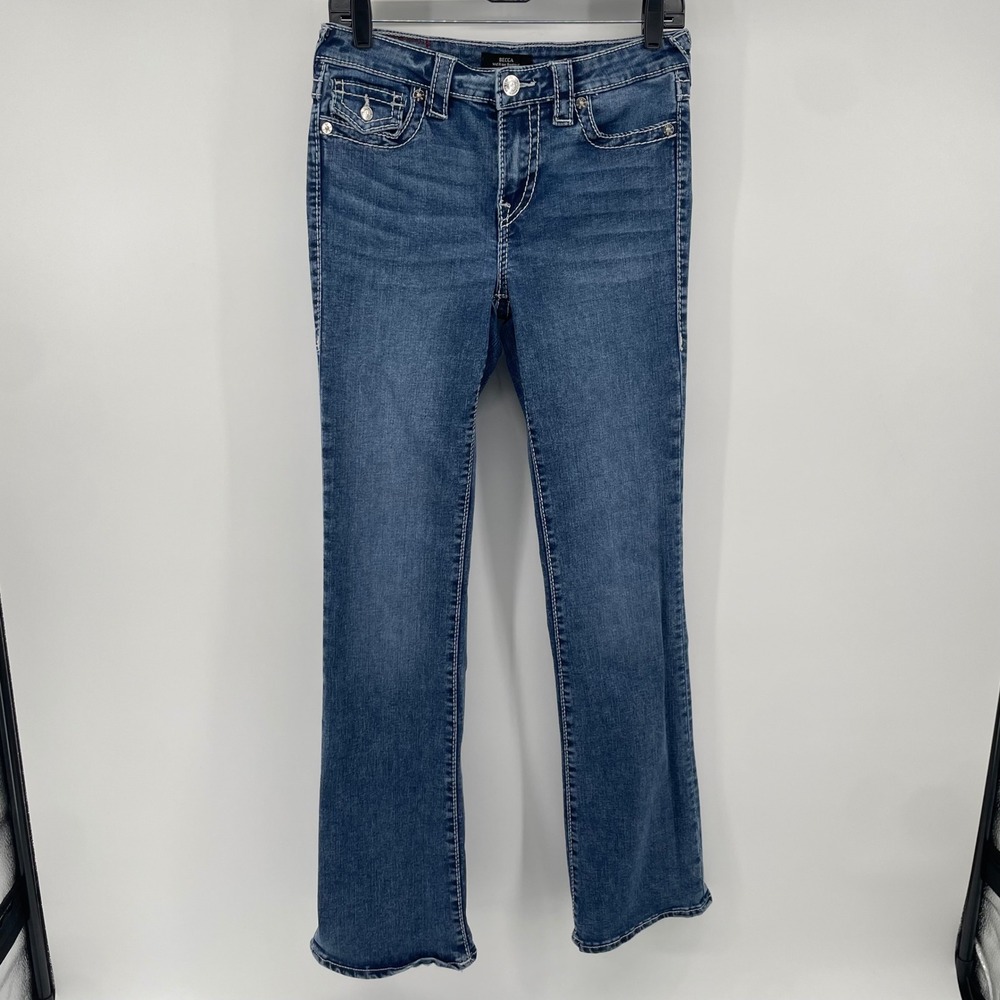 True Religion Jeans Women 27 Blue Becca Mid Rise Bootcut Horseshoe Flap Pocket